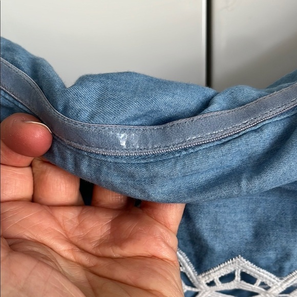 REVOLVE BARDOT Runaway Romper in Sky Blue Chambray with embroidered detail. - Picture 6 of 13